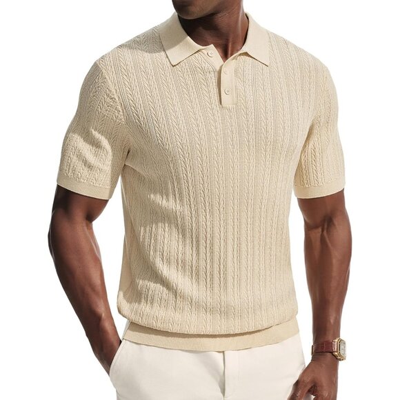 Men's Beige Short Sleeve Knit Casual Lightweight Textured Polo Stretch Shirts
